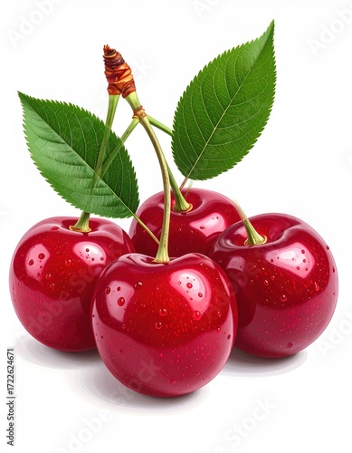 Bunch of four glistening, plump, red cherries with vibrant green leaves and a delicate stem, isolated on a white background