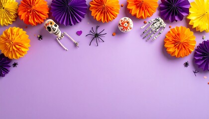 Halloween themed decorative elements arranged on a purple background