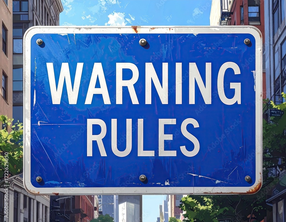 Obraz premium Blue Warning Rules Sign on City Street