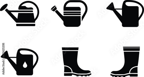  Garden Essentials Icon Set: Watering Cans & Rubber Boots Silhouettes