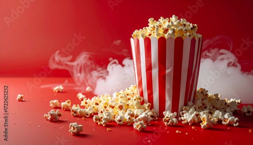 Freshly popped popcorn spills from a classic striped bucket, creating a delightful cinematic experience.