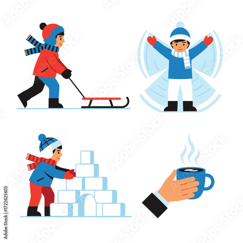 Children enjoying winter activities: sledding, snow angels, building snow fort, and warming up with hot cocoa.