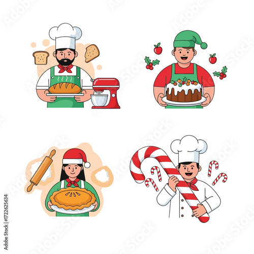 Cheerful bakers and festive treats prepare for Christmas.