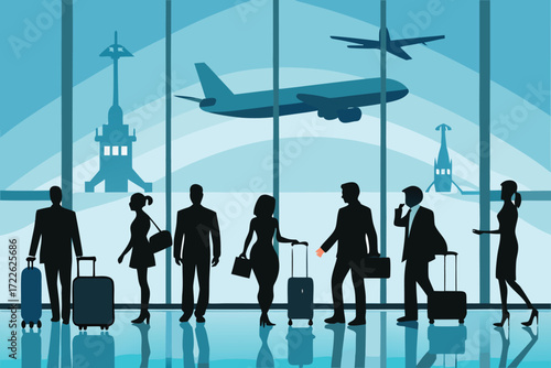 Silhouette illustration of people at an airport, waiting for a flight.