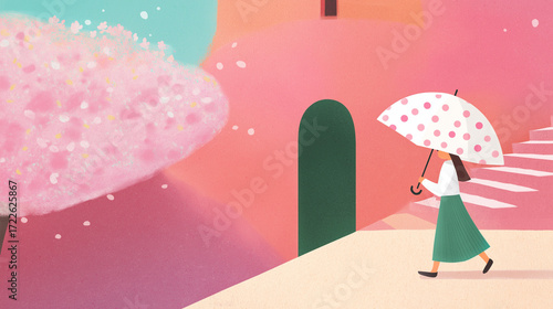 Pastel Illustration of a Woman with an Umbrella