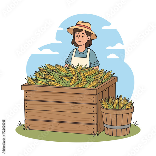 A farmer stands behind a wooden crate overflowing with freshly harvested corn, with a bucket of corn beside her.