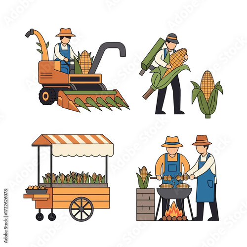 Illustrations depicting corn farming process: harvesting, carrying, selling, and grilling.
