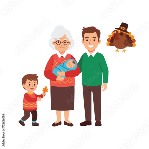 A family portrait featuring a grandmother holding a baby, a man, and a young boy with a leaf, alongside a Thanksgiving turkey.