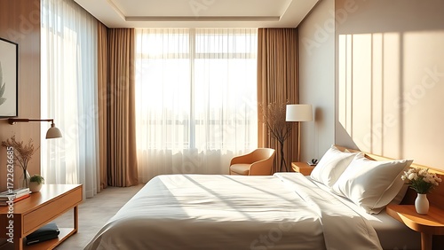 Serene hotel bedroom bathed in morning light, featuring minimalist decor and a neatly made bed.