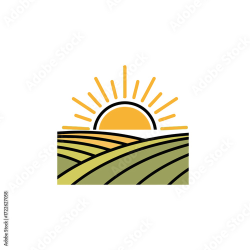 Sunrise over rolling green agricultural fields, stylized graphic design.