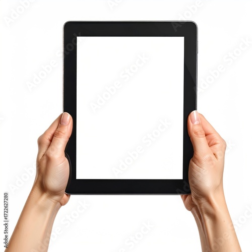 Two hands hold a tablet with a blank white screen against a white background, in portrait orientation, providing a clear display