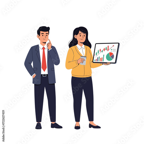 Two business professionals, one considering a strategy, the other presenting data on a tablet.