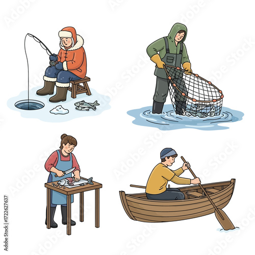 Four illustrations depict various fishing methods: ice fishing, net fishing, fish cleaning, and rowing a boat.