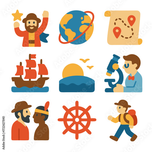 Diverse collection of symbols compass, magnifying glass, old map, globe, telescope, quill, and book. Perfect for educational materials.