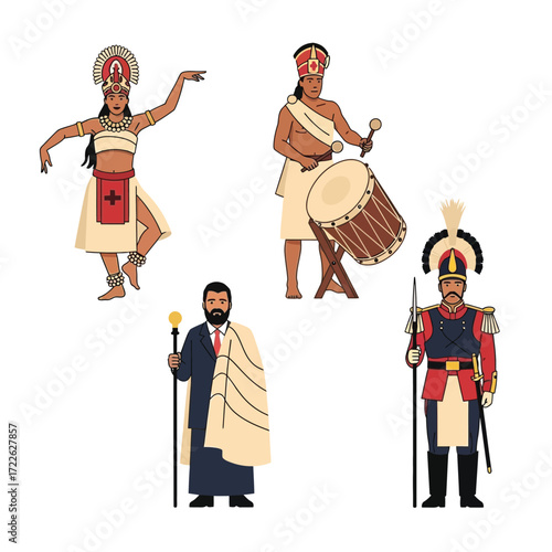 Illustration showcasing four individuals in traditional attire, depicting cultural diversity.