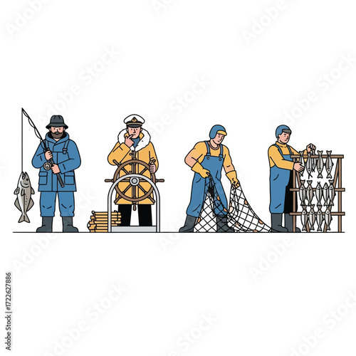 Illustration depicting four fishermen engaged in various fishing related activities.
