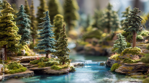 Miniature landscape model with trees and a river in natural light  