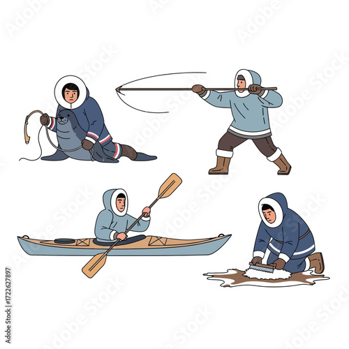 Illustrations depict Inuit people engaged in traditional activities, including hunting and crafting.