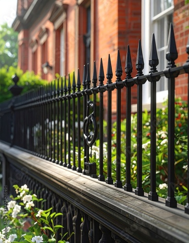 Wrought iron fence in a residential area, with brick buildings and greenery in the background creating a blurred effect