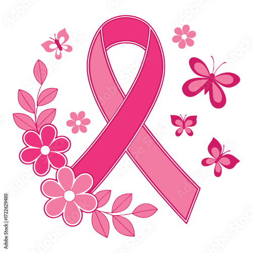 Pink ribbon awareness butterflies flowers support breast cancer cause