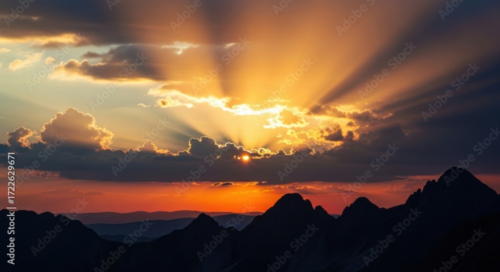 Fototapeta premium Dramatic Sunset Sky Over Mountain Peaks Silhouettes