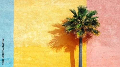 Palm tree shadow on colorful wall, exterior, sunny day, decorative