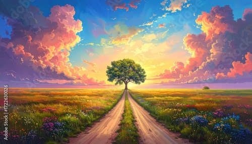 Dreamy view A lone tree sits at the end of a dirt path in a field of flowers under a vibrant sunset and cloudy sky