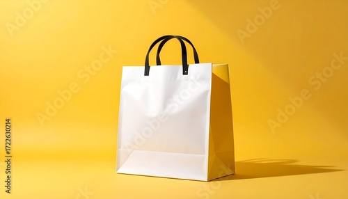 Simple white shopping bag with black handles against a vibrant yellow background, casting a soft shadow.