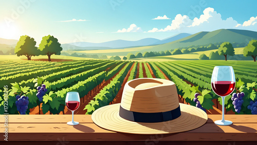 Tuscan vineyard landscape with wine glasses and hat