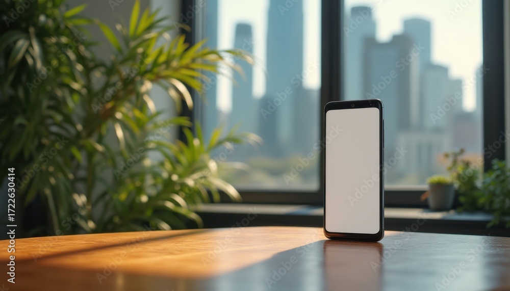 Fototapeta premium Smartphone with blank screen beside green plants in modern apartment