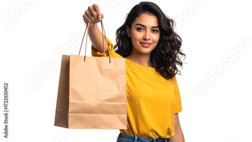 Smiling woman holding up a brown paper shopping bag against a white background, wearing a yellow shirt and jeans.
