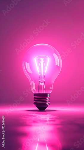 Glowing lightbulb, filaments bright in pink light, casts a soft reflection on a polished, pink surface. A vibrant and illuminated still-life object