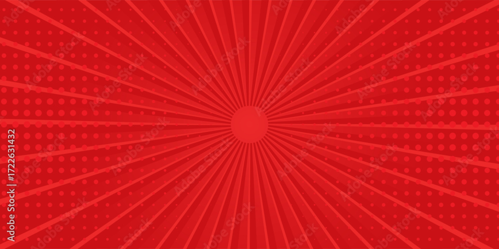 Fototapeta premium Red comic sunburst effect background with halftone. pop art comic-style vector background abstract simple
