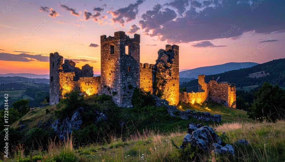 Fototapeta premium Medieval Castle Ruins Illuminated at Sunset in Mountainous Landscape with Lush Greenery in the Foreground and Cloudy Sky in the Background