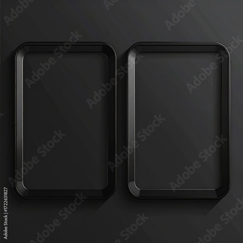 Two rectangular, dark frames sit on a black background with long shadows. Minimalist design, showcasing depth and simplicity