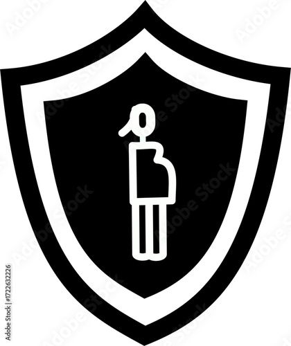 Pregnant woman line icon. Pregnant woman standing and shield glyph icon. Motherhood symbol. Vector graphics and not Artificial Intelligence, logo illustration. Replaceable vector design.