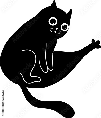 A black cat with white eyes and whiskers sits