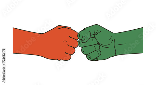 Vector art of two fists bumping, orange and green