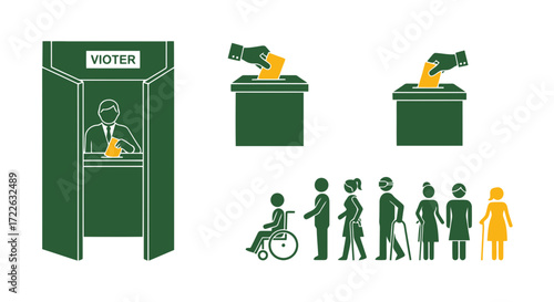 Vector art of voting booth, ballot box, and diverse group of people