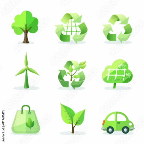 Embrace sustainability with this vibrant collection of eco-friendly icons, perfect for conveying green initiatives and environmentally conscious living in your designs