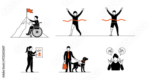 Vector art of set of illustrations showing achievement and disability inclusion