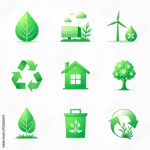 Promoting ecological sustainability with a set of green icons that represent nature, renewable energy, recycling, and environmental responsibility in our daily lives