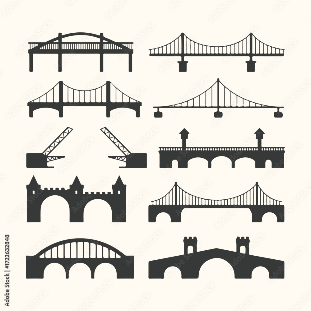 Obraz premium Vector art of collection of various bridge silhouettes including suspension, arch, beam, and drawbridges, isolated on a light background