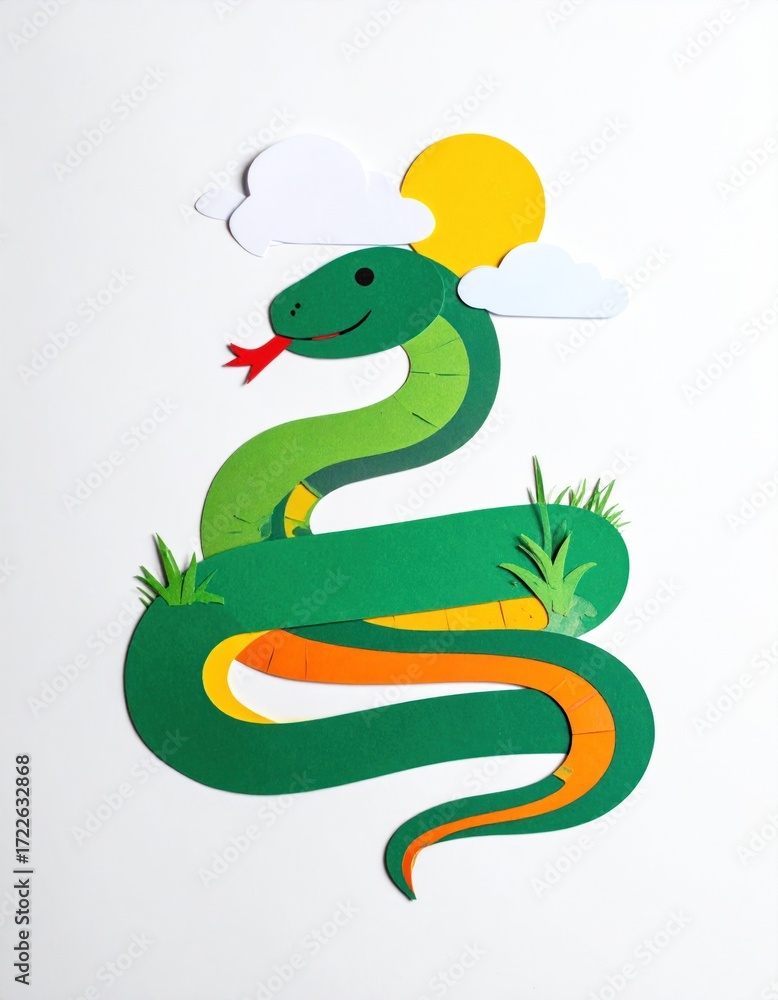 Obraz premium A whimsical, cartoon-style paper cutout image of a green snake against a white background with orange details, sun, clouds, and grass