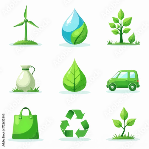 Sustainable living icons symbolize environmental awareness and eco-friendly lifestyle choices, promoting a greener future with clean energy and conscious consumption