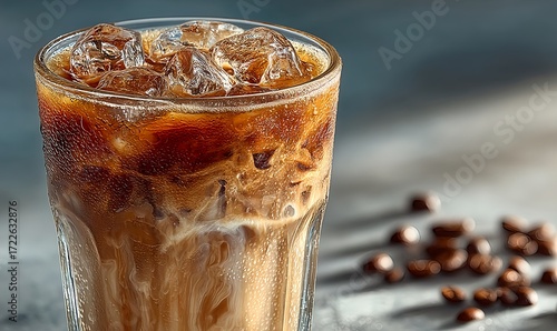 Professional cafe menu iced latte presentation with espresso swirls and milk layers in a glass cup with ice