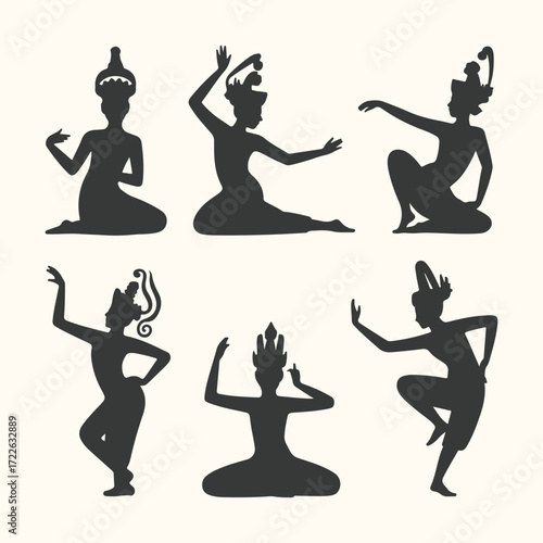 Vector art of collection of six black silhouettes of traditional thai dancers in various graceful poses, isolated on a cream background, showcasing cultural heritage and artistic expression