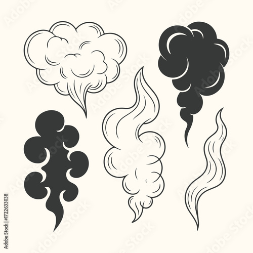 Vector art of set of stylized smoke and steam elements in black and white, handdrawn illustration, isolated on a light cream background, representing various forms of vapor and gas plumes
