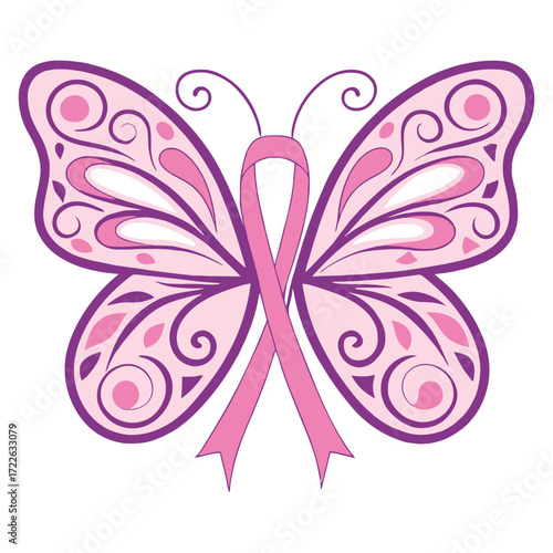 Pink butterfly breast cancer awareness symbol with ribbon design for support and hope