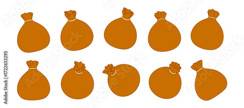 Flat line art illustration of money bags in different isometric angles and perspectives. Minimal 3D effect, finance, business, treasure or game asset isolated on white background